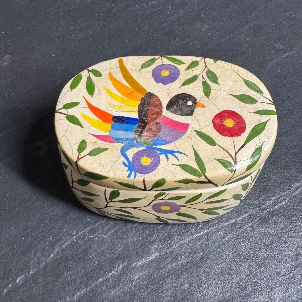Xantico Mexico Signed Hand Painted Tonala Pottery Trinket Box Bird Folk Art Oval